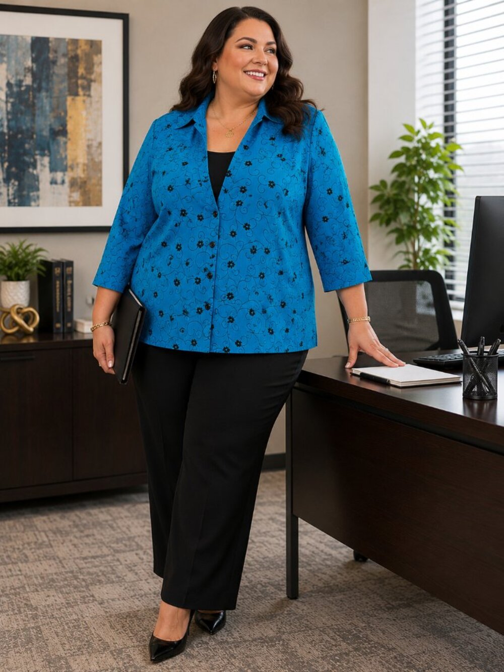 Turquoise Floral 2-Piece Look Blouse Top 2X Church Office  Career Plus Size